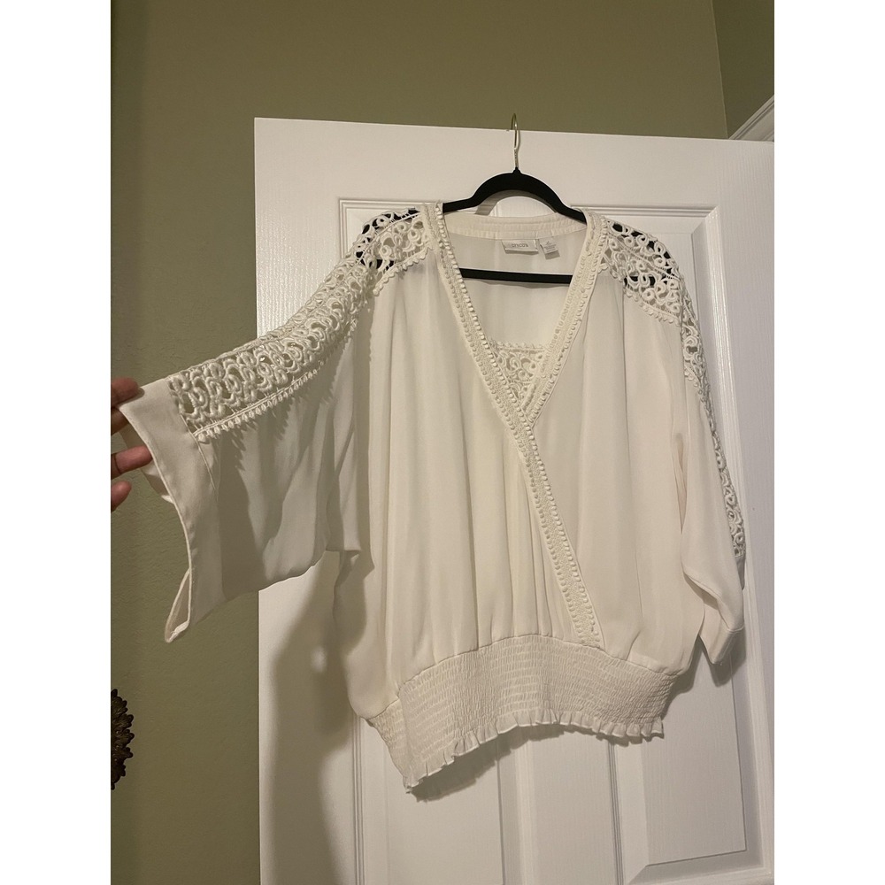 Chico's Blouse Womens 2 White Crochet Kimono Sleeve Smocked Hem Sheer Top